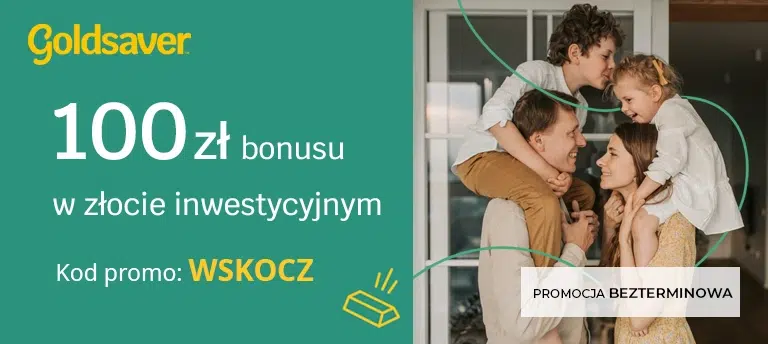Mobilny baner Goldsaver na zielonym tle z napisem ‘100 zł bonusu w złocie inwestycyjnym’, kod promocyjny WSKOCZ, po prawej zdjęcie rodziny z dwójką dzieci oraz oznaczenie ‘Promocja bezterminowa’.