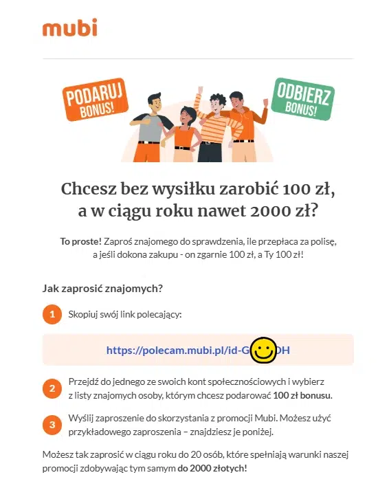E-mail programu poleceń Mubi z linkiem polecającym i bonusem 100 zł.