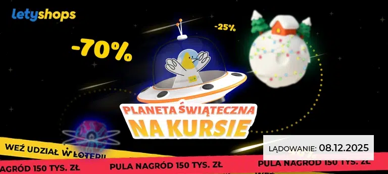 Mobilna grafika LetyShops przedstawiająca świąteczną akcję promocyjną Planeta Świąteczna na Kursie z rabatami do –70% oraz informacją o starcie promocji 08.12.2025.