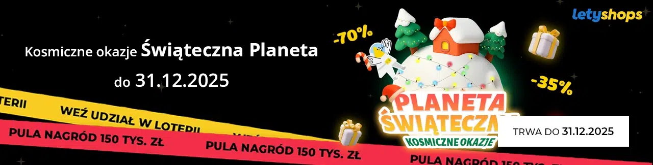 Baner LetyShops – kosmiczne okazje Świąteczna Planeta z rabatami do –70% i –35%. Promocja trwa do 31 grudnia 2025, pula nagród w loterii 150 tys. zł.