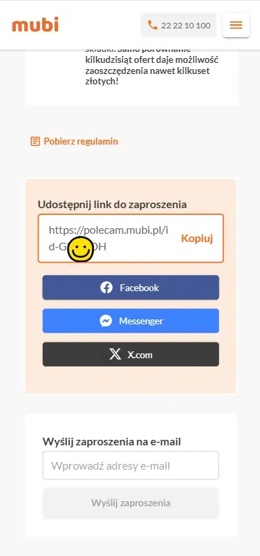 Mobilny panel Mubi z linkiem polecającym do udostępniania zaproszeń.