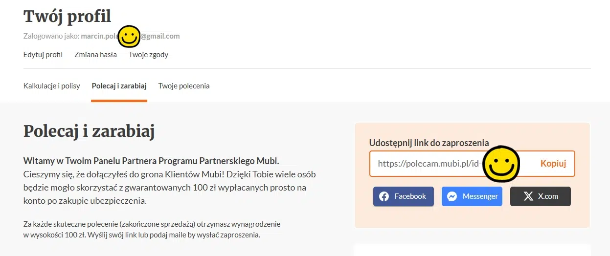 Link polecający Mubi w panelu klienta – udostępnianie zaproszeń do programu partnerskiego.