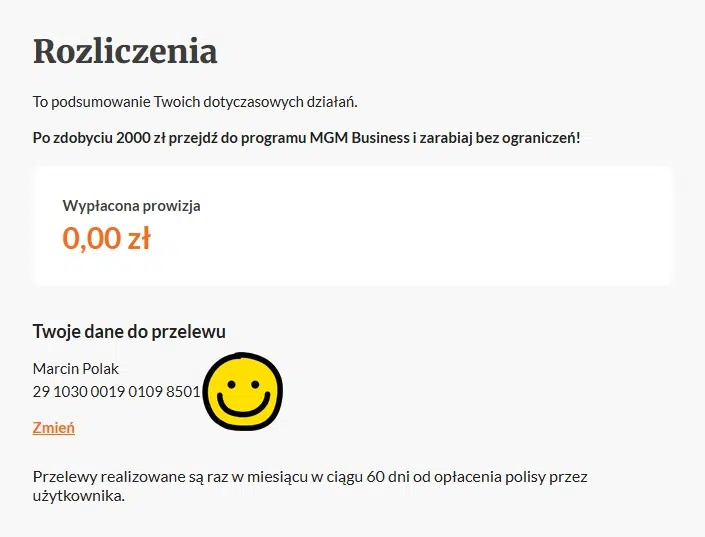 Dane do przelewu w panelu Mubi – wypłata prowizji z poleceń.