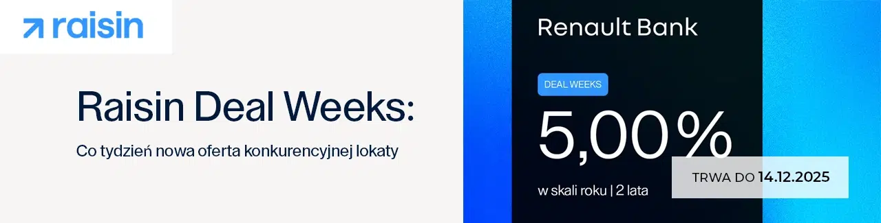 Grafika promocyjna Raisin Deal Weeks z ofertą lokaty Renault Bank na 5,00% w skali roku na 2 lata oraz informacją, że promocja trwa do 14.12.2025.