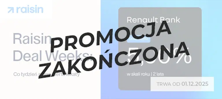 Mobilna grafika Raisin Deal Weeks z ofertą lokaty Renault Bank na 5,00% w skali roku na 2 lata oraz informacją o rozpoczęciu promocji w 01.12.2025. Po środku napis PROMOCJA ZAKOŃCZONA.