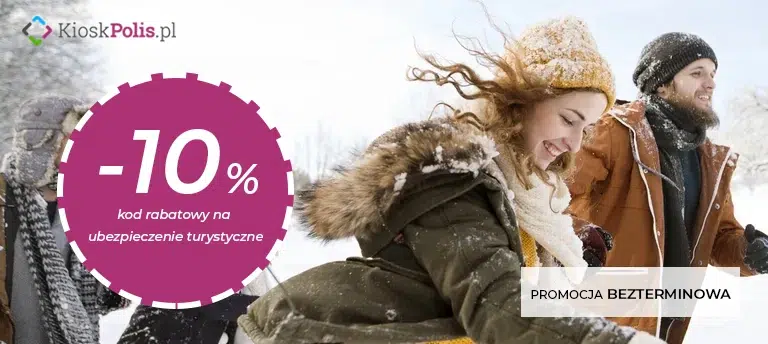 Kod rabatowy -10% na ubezpieczenie turystyczne w KioskPolis.pl. Promocja bezterminowa – zimowa scena z grupą osób bawiących się na śniegu, grafika z oznaczeniem zniżki 10%.