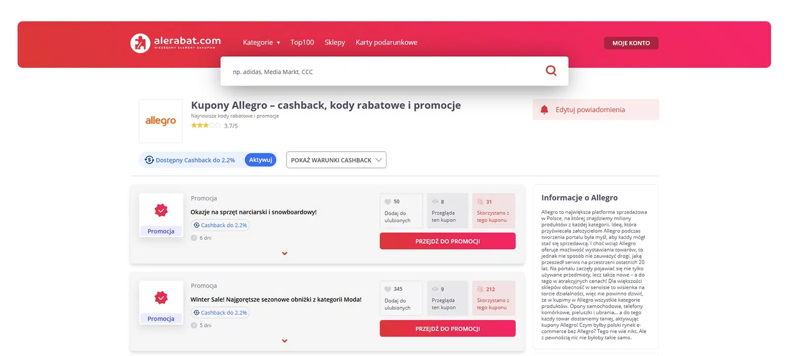 Zrzut ekranu strony AleRabat.com z promocjami i cashbackiem do 2,2% na Allegro. Widoczne dwie oferty: na sprzęt narciarski i snowboardowy oraz sezonową wyprzedaż Winter Sale w kategorii Moda. Po prawej stronie sekcja z informacjami o platformie Allegro.