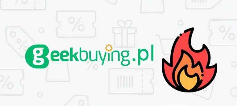 Logo Geekbuying.pl na jasnym tle, obok ikona płomienia symbolizująca promocje i gorące okazje zakupowe.