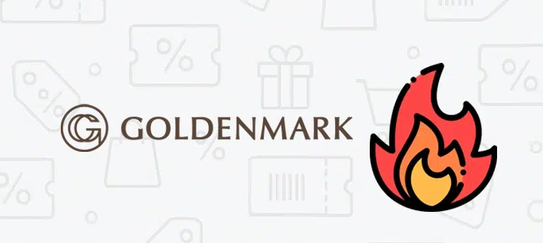 Logo Goldenmark na jasnym tle z ikonami symbolizującymi rabaty i prezenty, obok graficzna ikona płomienia w czerwono-pomarańczowych kolorach.
