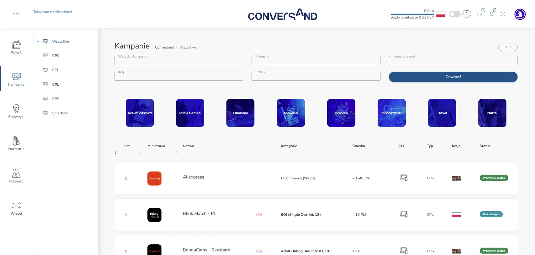 Panel kampanii w systemie afiliacyjnym Conversand z listą dostępnych ofert, filtrami kampanii oraz kategoriami tematycznymi (m.in. Shops, Financial, Smartlink).
