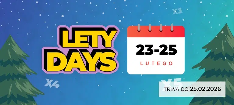 Mobilny baner Letydays – 23–25 lutego, zwiększony cashback x4 i x5, promocja trwa do 25.02.2026.