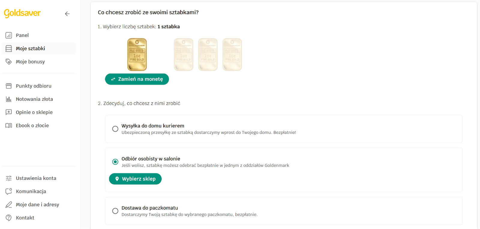 Panel klienta Goldsaver z widokiem »Moje sztabki«; po lewej menu konta, po prawej ekran wyboru jednej sztabki złota oraz opcje: zamiana na monetę, wysyłka do domu, odbiór osobisty w salonie lub dostawa do paczkomatu.