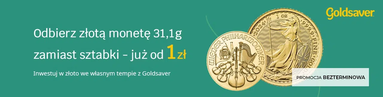 Złota moneta o wadze 31,1 g z motywem Filharmonii Wiedeńskiej na zielonym tle; po prawej stronie logo Goldsaver oraz oznaczenie »Promocja bezterminowa«.
