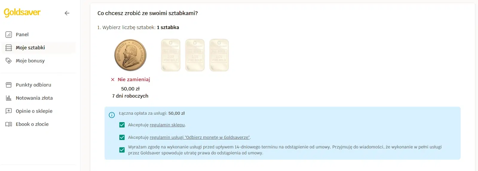 Panel klienta Goldsaver – widok »Moje sztabki«; wybrana 1 sztabka złota z opcją »Nie zamieniaj«, informacja o koszcie usługi 50 zł i czasie realizacji 7 dni roboczych oraz zaznaczone zgody na regulaminy.