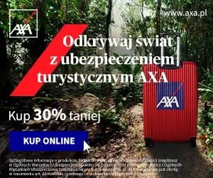 Baner AXA z napisem ‘Odkrywaj świat z ubezpieczeniem turystycznym AXA’. W tle tropikalna dżungla i czerwono-niebieska walizka z logo AXA, a na grafice informacja ‘Kup 30% taniej’ oraz przycisk ‘Kup online’.