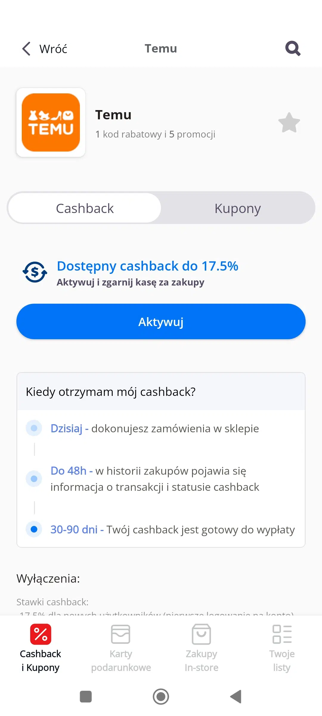 Widok oferty TEMU w aplikacji AleRabat z aktywnym cashbackiem do 17,5%, przycisk »Aktywuj« oraz informacja o czasie naliczenia zwrotu; ikona płomienia oznacza dostępne kody rabatowe i promocje.
