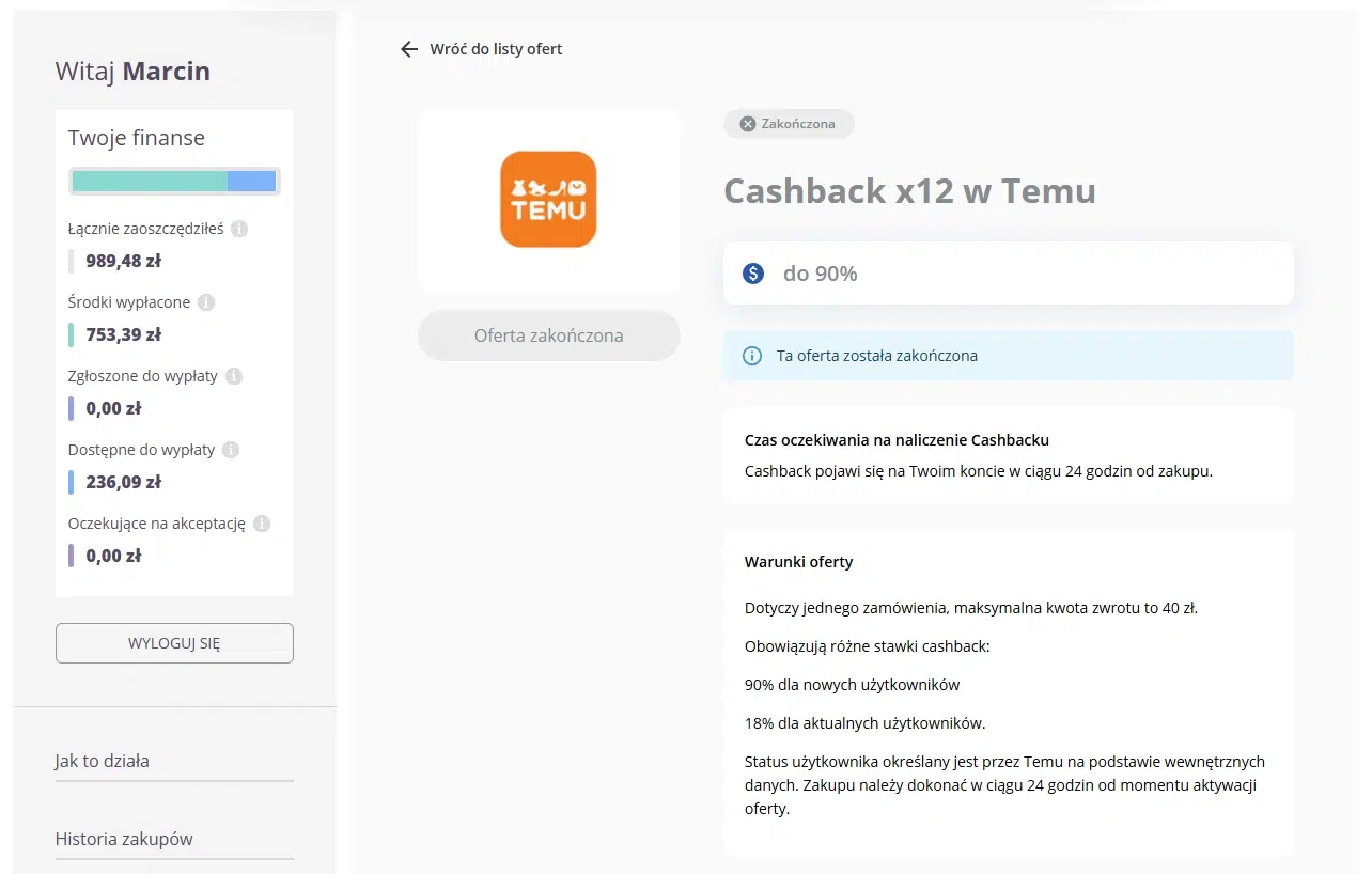 Panel użytkownika AleRabat z zakończoną ofertą »Cashback x12 w Temu« do 90%; ikona płomienia oznaczała aktywne kody rabatowe i promocje dostępne w trakcie trwania oferty.