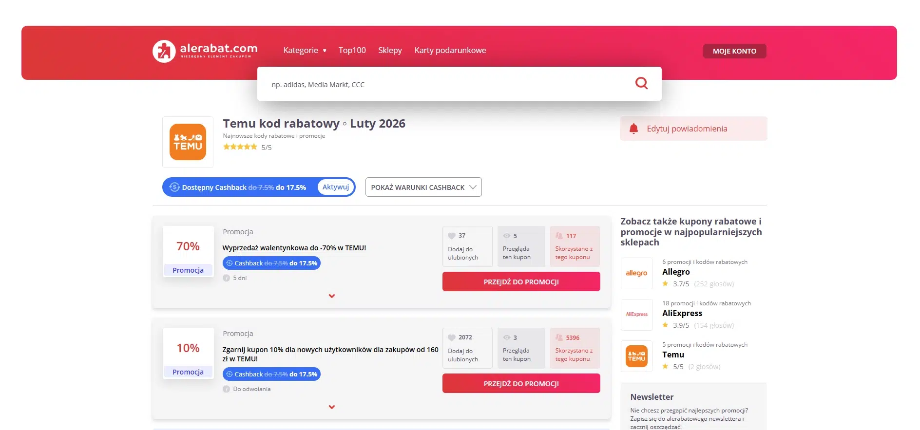 Zrzut ekranu strony AleRabat.com z listą promocji i kodów rabatowych TEMU na luty 2026, widoczne oferty zniżek procentowych oraz informacja o cashbacku do 17,5%, ikona płomienia oznacza aktywne promocje i kody rabatowe.