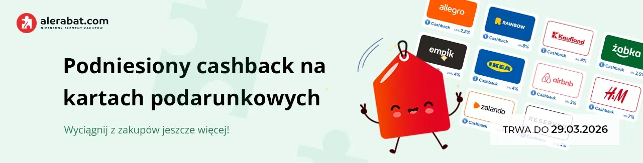 Baner Alerabat – podniesiony cashback na kartach podarunkowych, grafika czerwonej metki oraz logotypy sklepów (m.in. Allegro, Empik, IKEA, Zalando, H&M), informacja o promocji do 29.03.2026.