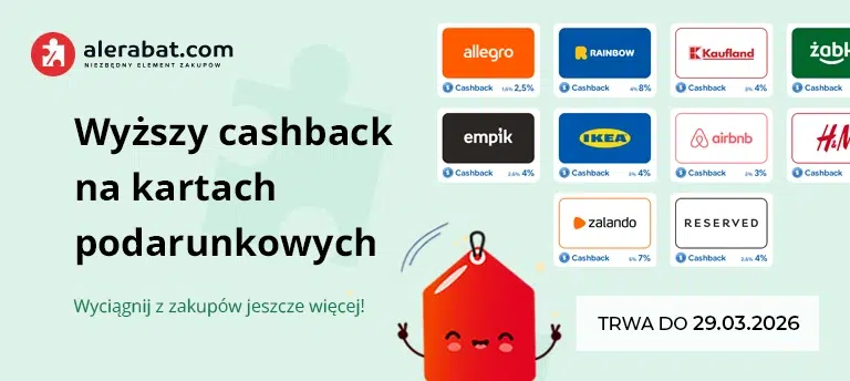 Baner Alerabat w wersji mobilnej – wyższy cashback na kartach podarunkowych, widoczne logotypy sklepów (Allegro, Empik, IKEA, Zalando, H&M), grafika czerwonej metki oraz informacja o promocji do 29.03.2026.