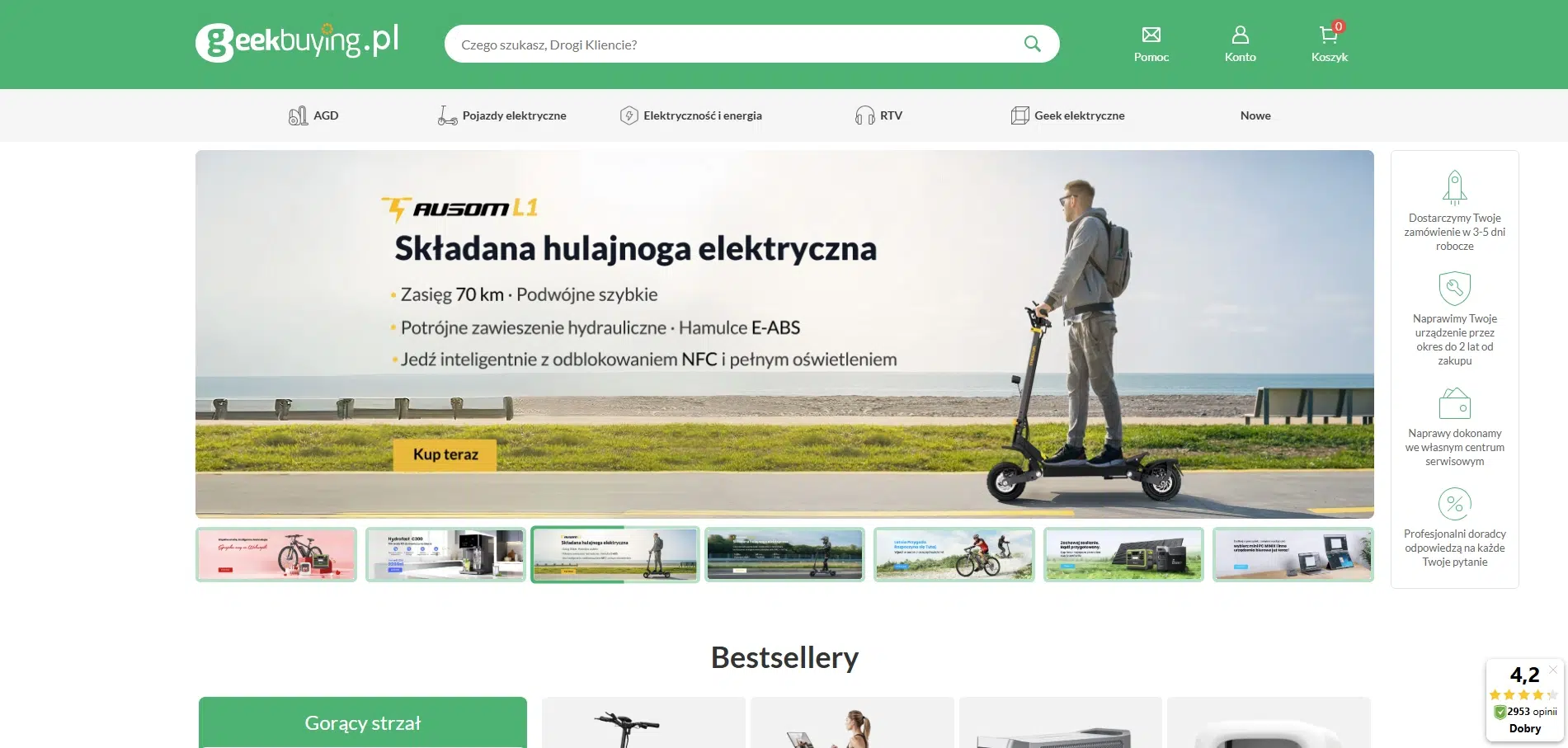 Strona główna Geekbuying.pl z banerem promującym składaną hulajnogę elektryczną AUSOM L1 oraz menu kategorii i sekcją bestsellerów.