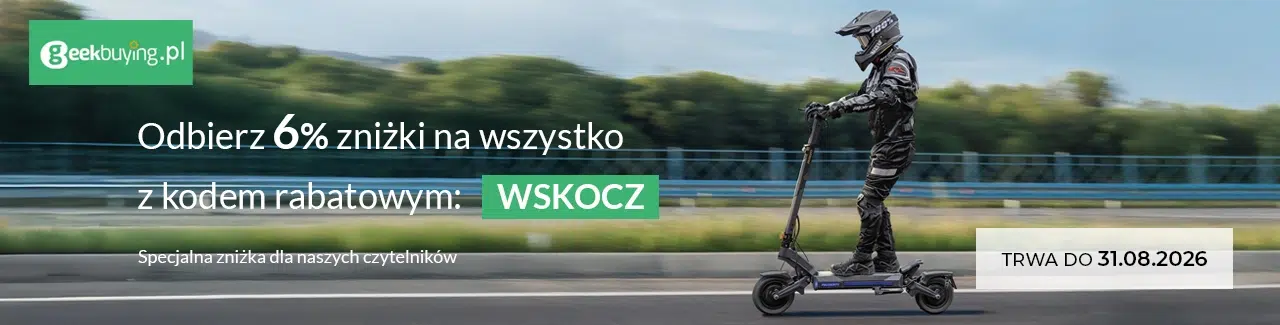 Baner Geekbuying.pl z informacją o 6% zniżki na wszystko z kodem rabatowym WSKOCZ, grafika osoby jadącej na hulajnodze elektrycznej oraz data ważności do 31.08.2026.