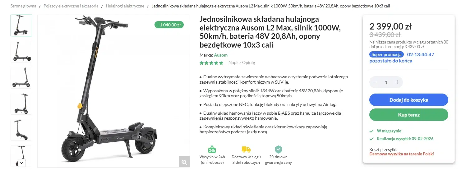 Strona produktu Geekbuying.pl z hulajnogą elektryczną Ausom L2 Max, widok hulajnogi, cena promocyjna i przyciski „Dodaj do koszyka” oraz „Kup teraz”.