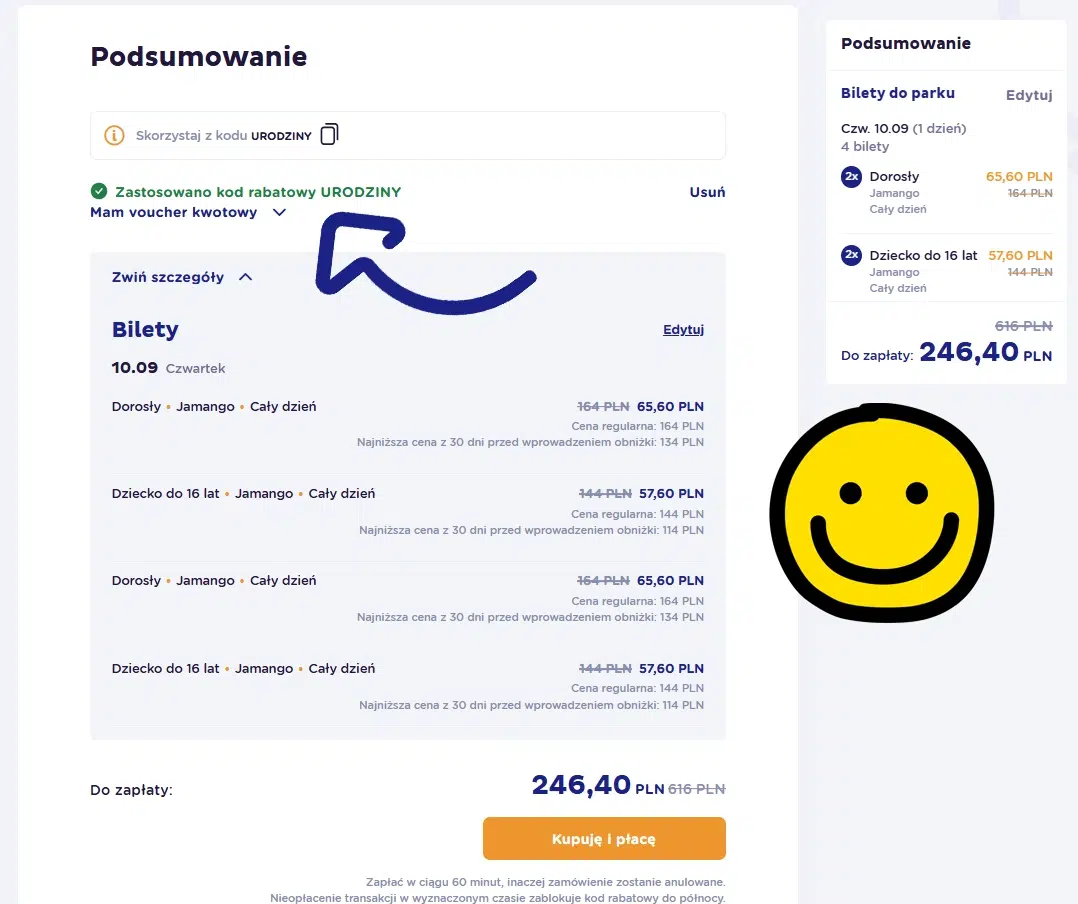 Podsumowanie zamówienia w Suntago z zastosowanym kodem rabatowym URODZINY – 4 bilety Jamango, cena po rabacie 246,40 zł zamiast 616 zł.