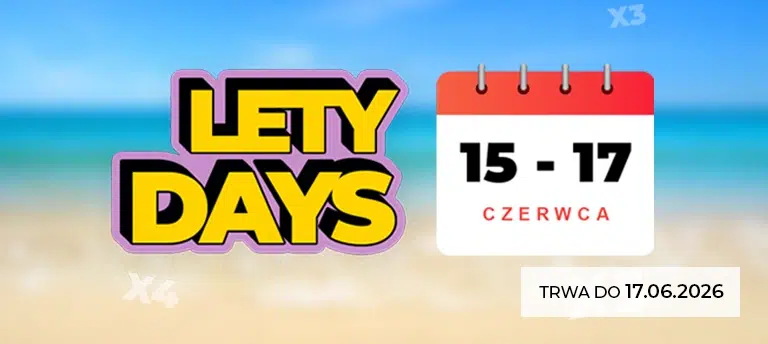 Baner promujący akcję LetyDays w serwisie LetyShops. Na tle plaży i morza widoczne jest logo LetyDays oraz kalendarz z terminem 15–17 czerwca. Grafika informuje o specjalnej akcji cashbackowej z podwyższonymi stawkami cashbacku. W prawym dolnym rogu znajduje się informacja, że promocja trwa do 17.06.2026.