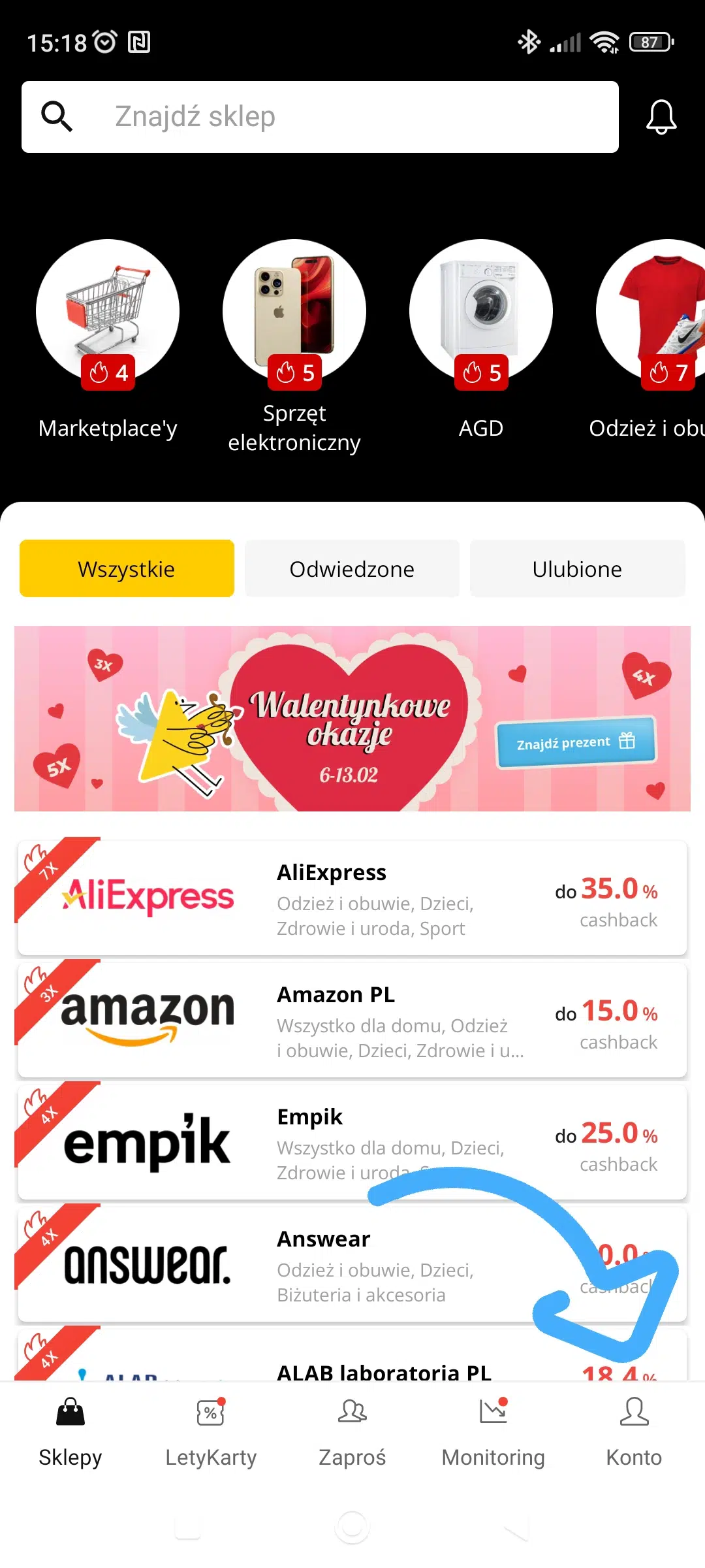 Aplikacja mobilna LetyShops z listą sklepów objętych promocją ‘Walentynkowe okazje 6–13.02’. Widoczne sklepy m.in. AliExpress (do 35% cashback), Amazon PL (do 15%), Empik (do 25%) i Answear, oznaczone czerwonymi ikonami z mnożnikiem cashbacku.