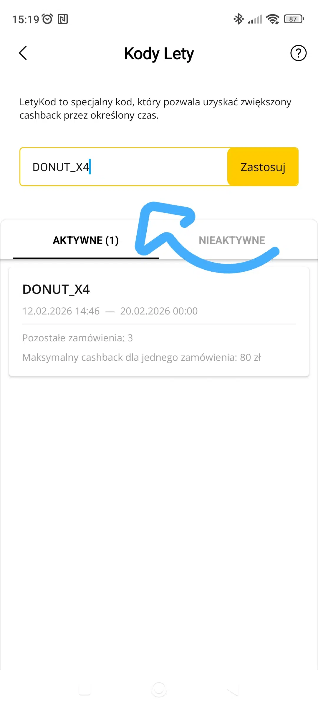 Aplikacja LetyShops – zakładka ‘Kody Lety’ z wpisanym kodem DONUT_X4 oraz aktywnym kodem ważnym do 20.02.2026. Widoczny limit 3 zamówień i maksymalny cashback 80 zł.