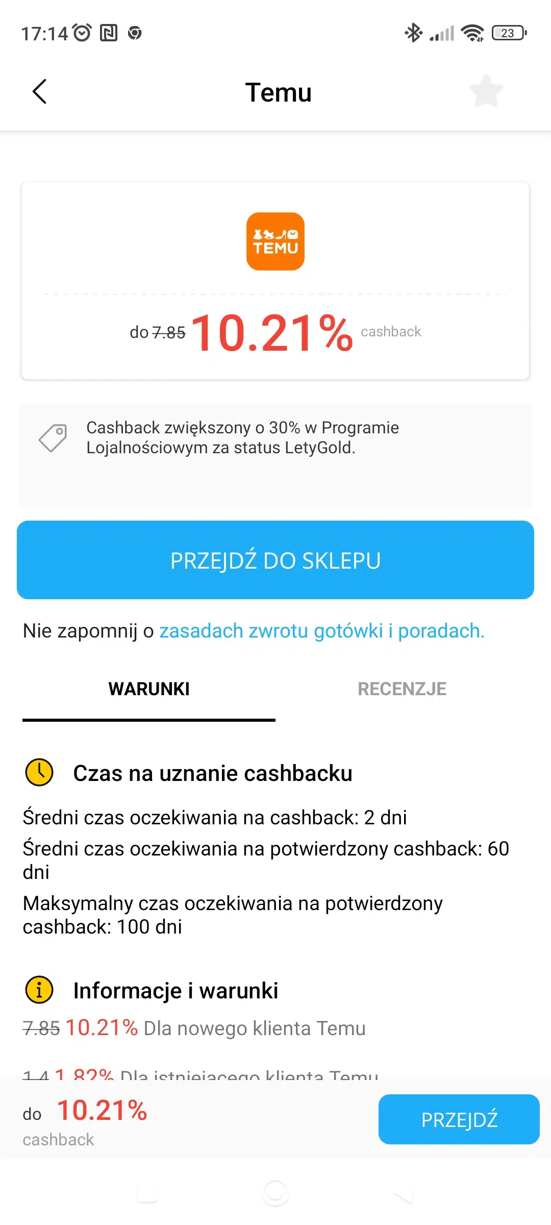 Ekran oferty Temu w aplikacji LetyShops z cashbackiem do 10,21%, przyciskiem »Przejdź do sklepu« oraz informacją o czasie uznania i potwierdzenia cashbacku; ikona płomienia w LetyShops oznacza aktywne promocje i kody rabatowe.