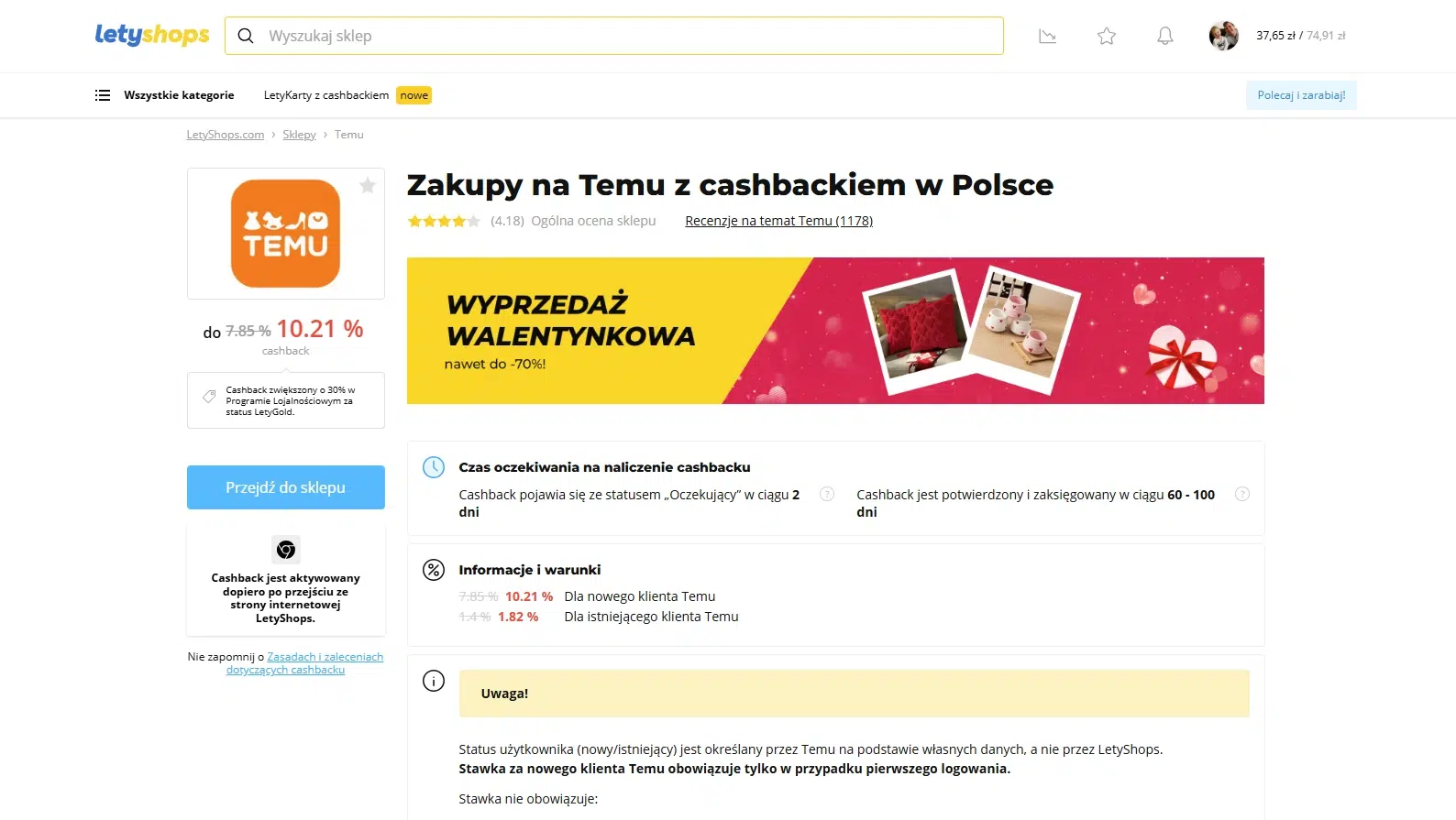 Strona sklepu Temu w serwisie LetyShops z informacją o cashbacku do 10,21% w Polsce, banerem wyprzedaży walentynkowej i przyciskiem »Przejdź do sklepu«; ikona płomienia w LetyShops oznacza aktywne kody rabatowe i promocje specjalne.