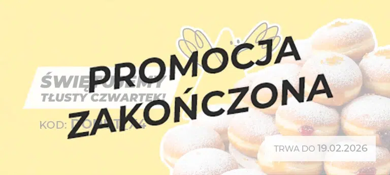 Mobilna grafika promocyjna LetyShops na Tłusty Czwartek z napisem ‘Świętujemy Tłusty Czwartek!’, kodem DONUT_X4, informacją ‘Trwa do 19.02.2026’ oraz zdjęciem stosu pączków posypanych cukrem pudrem na żółtym tle z rysunkowym żółtym ptakiem. Po środku napis PROMOCJA ZAKOŃCZONA.