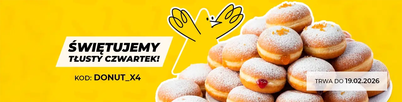 Grafika promocyjna LetyShops na Tłusty Czwartek z hasłem ‘Świętujemy Tłusty Czwartek!’, kodem DONUT_X4, informacją ‘Trwa do 19.02.2026’ oraz zdjęciem stosu pączków posypanych cukrem pudrem na żółtym tle.