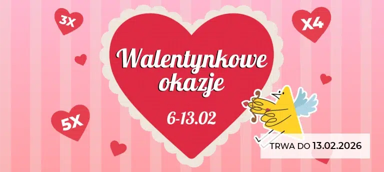 Różowy baner „Walentynkowe okazje” z dużym sercem, datą 6–13.02, ikonami 3x, 4x, 5x oraz rysunkowym aniołkiem po prawej stronie.