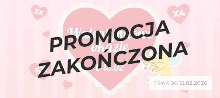 Różowy baner „Walentynkowe okazje” z dużym sercem, datą 6–13.02, ikonami 3x, 4x, 5x oraz rysunkowym aniołkiem po prawej stronie. Po środku napis PROMOCJA ZAKOŃCZONA.
