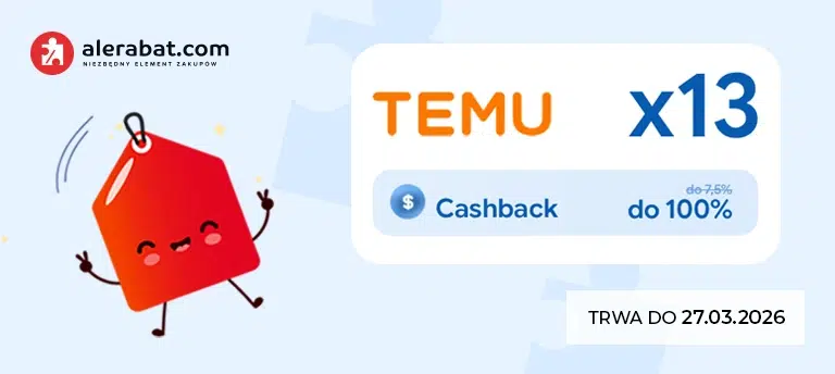 Mobilny baner AleRabat.com z logo w lewym górnym rogu, animowaną czerwoną metką z uśmiechem oraz informacją TEMU x13 i cashback do 100%, oznaczenie ‘Trwa do 27.03.2026’.