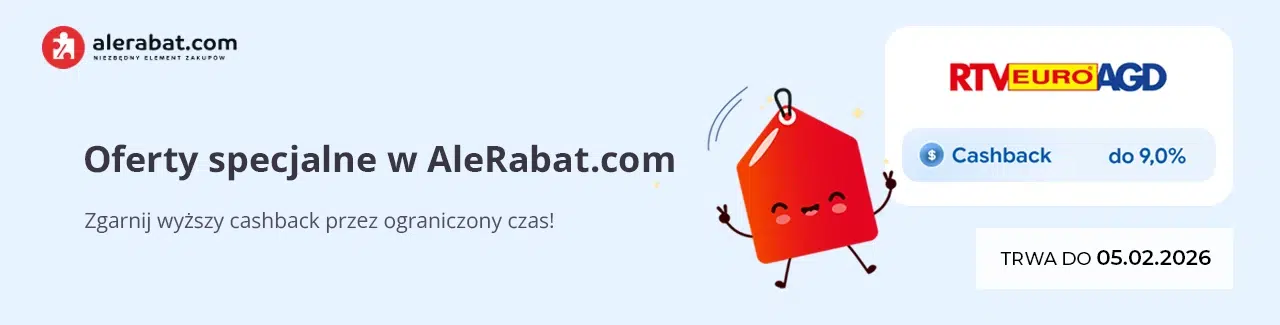 Baner Oferty specjalne w AleRabat.com z informacją o podwyższonym cashbacku do 9% w RTV Euro AGD oraz datą obowiązywania do 05.02.2026.