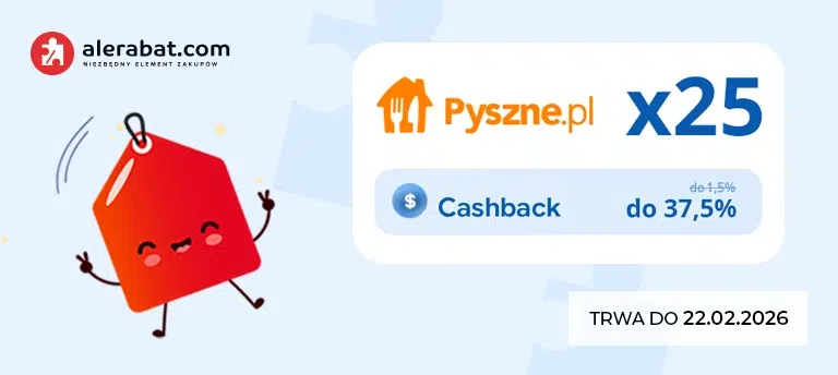 Baner Oferty specjalne w AleRabat.com – Pyszne.pl x25, cashback do 37,5%, promocja trwa do 23.02.2026.