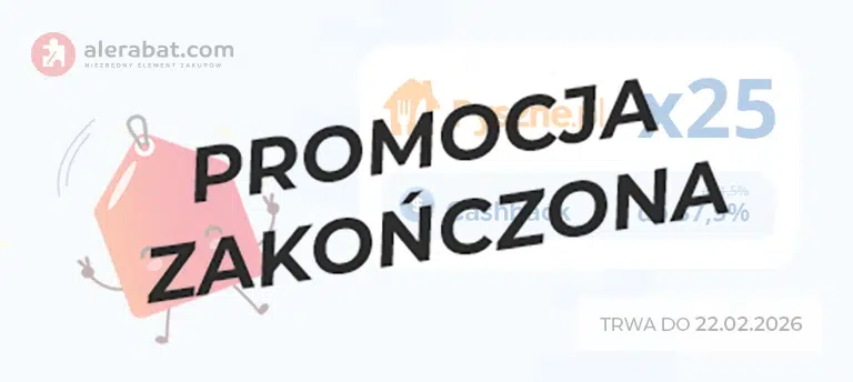 Baner Oferty specjalne w AleRabat.com – Pyszne.pl x25, cashback do 37,5%, promocja trwa do 23.02.2026. Po środku napis PROMOCJA ZAKOŃCZONA.
