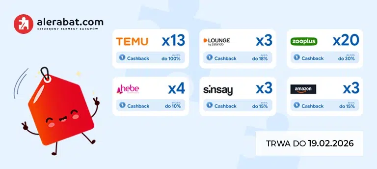 Grafika Oferty specjalne AleRabat.com – podwyższony cashback: TEMU x13, Hebe x4, Sinsay x3, Amazon x3, Zooplus x20, Lounge x3. Promocja trwa do 19.02.2026. Wersja mobilna grafiki.