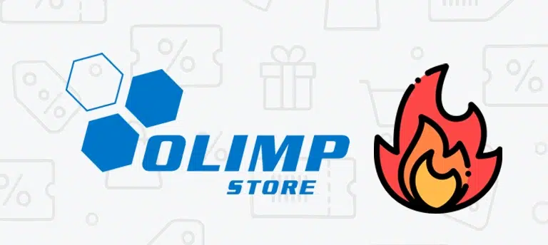 Logo sklepu Olimp Store na jasnym tle z ikonami rabatowymi w tle oraz grafiką płomienia po prawej stronie.