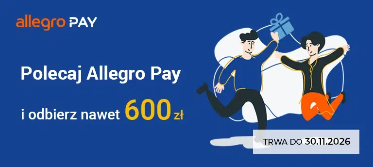 Mobilna grafika promocyjna Allegro Pay z hasłem „Polecaj Allegro Pay i odbierz nawet 600 zł”, ilustracja dwóch skaczących osób z prezentem, informacja o czasie trwania promocji do 30.11.2026.