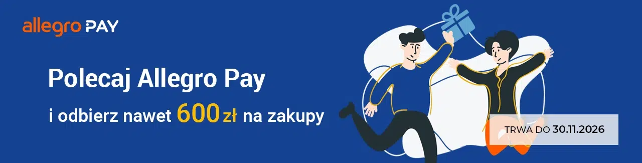 Grafika promocyjna Allegro Pay z hasłem „Polecaj Allegro Pay i odbierz nawet 600 zł na zakupy”, ilustracja dwóch osób skaczących z prezentem, informacja o czasie trwania promocji do 30.11.2026.