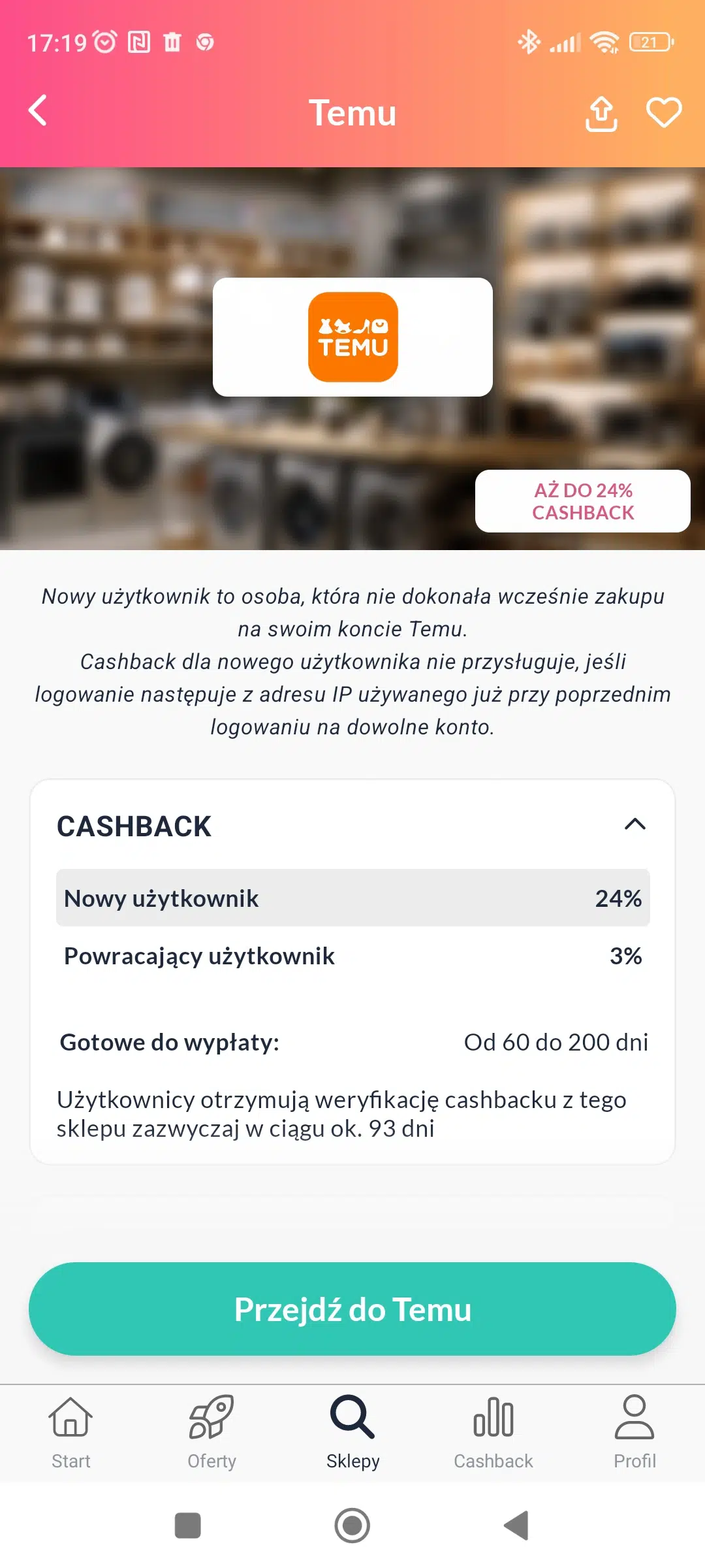 Ekran oferty Temu w aplikacji mobilnej Refunder – widoczne logo Temu, informacja o cashbacku do 24% dla nowych użytkowników i 3% dla powracających, czas oczekiwania na wypłatę 60–200 dni oraz przycisk »Przejdź do Temu«. Ikona płomienia oznacza aktywną promocję lub podwyższony cashback.