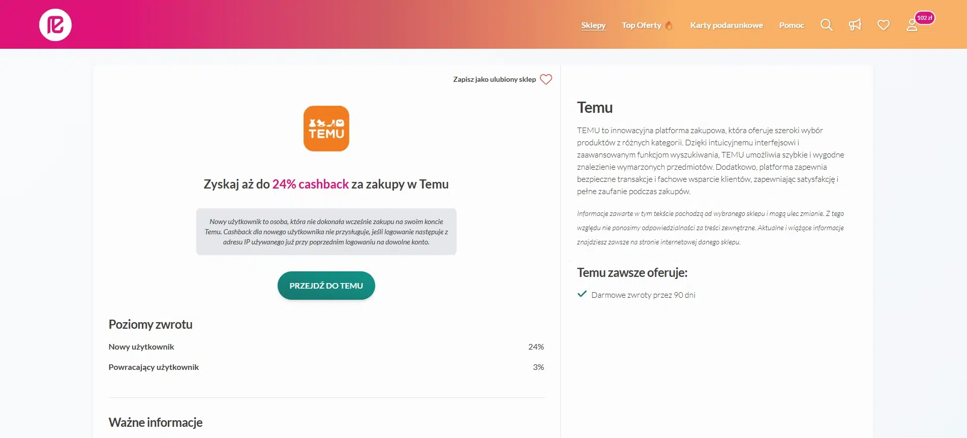 Strona Temu w serwisie Refunder z ofertą cashback do 24% za zakupy; ikona płomienia oznacza aktywną promocję lub podwyższony cashback.