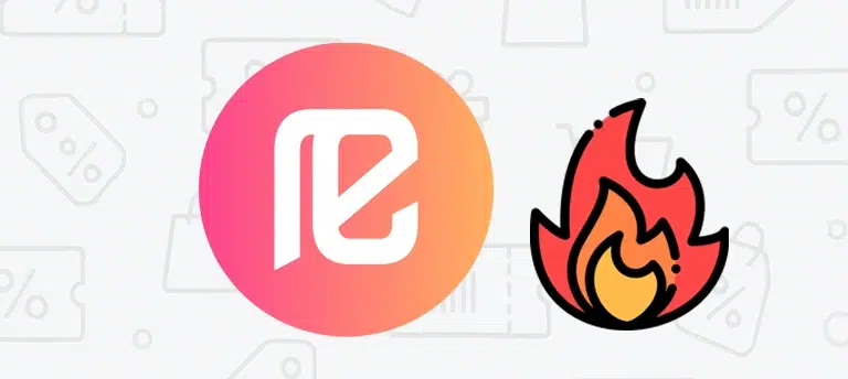 Okrągłe logo Refunder w różowo-pomarańczowym gradiencie oraz ikona płomienia symbolizująca kody rabatowe i promocje.