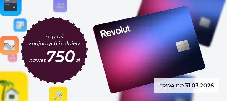 Karta Revolut na jasnym tle z ikonami aplikacji w tle. Po lewej okrągła plakietka z napisem „Zaproś znajomych i odbierz nawet 750 zł”, po prawej informacja „Trwa do 31.03.2026”. Wersja mobilna grafiki.