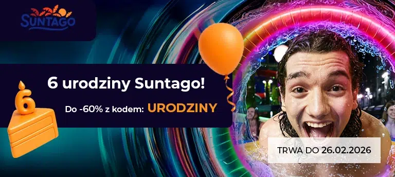 Mobilny baner 6. urodzin Suntago – do -60% z kodem URODZINY, promocja do 26.02.2026, grafika z balonem i tortem.